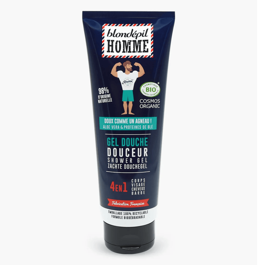 Un gel douche douceur 4 en 1 de la marque blondépil sur fond blanc.