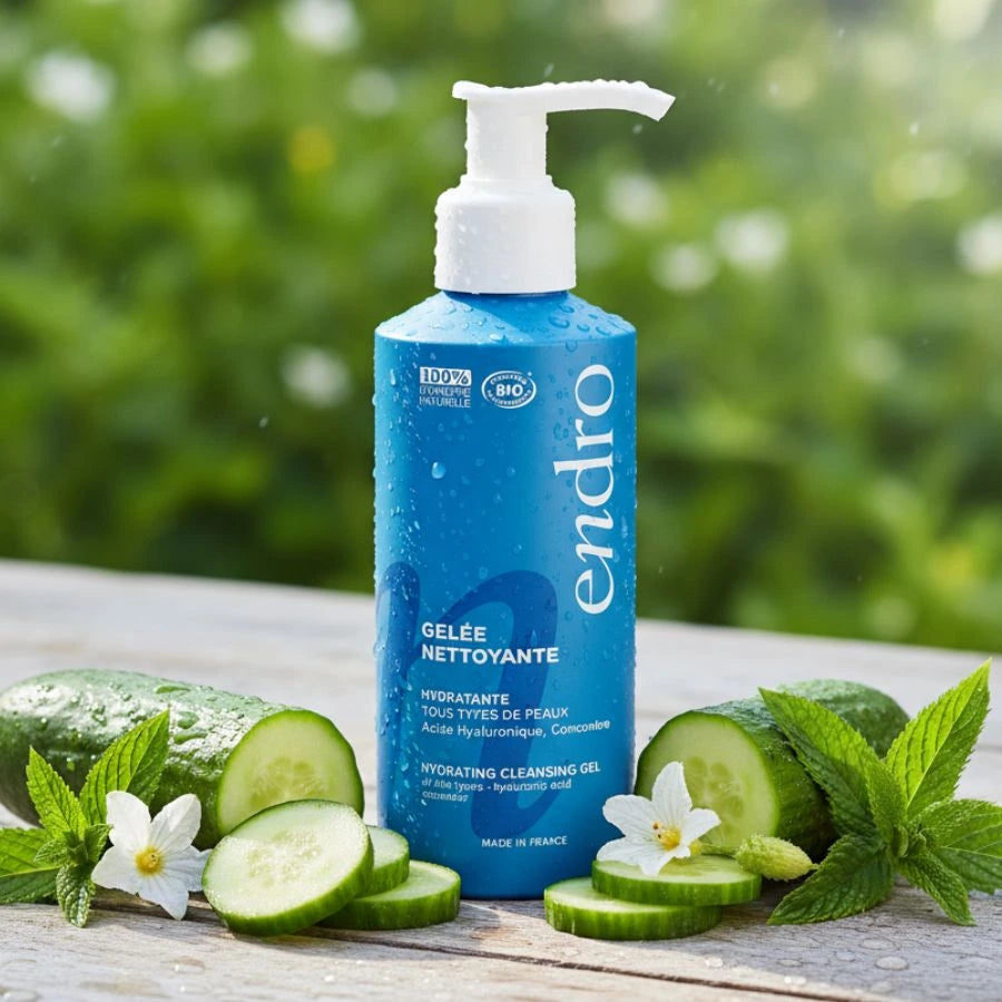 Gelée nettoyante hydratante de la marque Endro de 150 ml posé sur une table en bois.