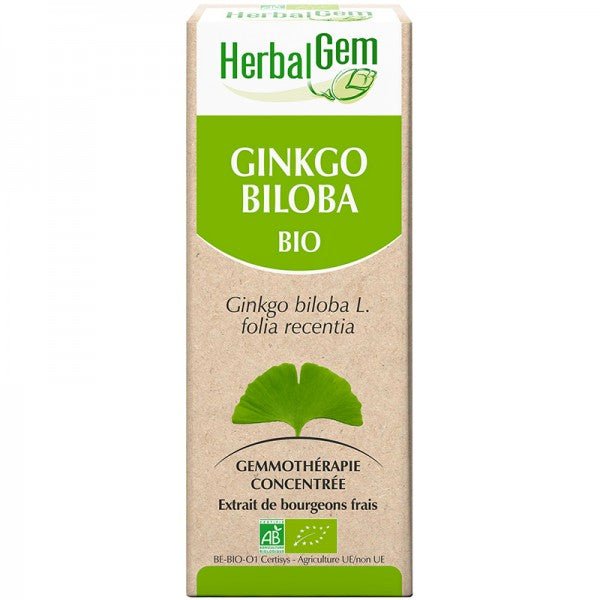 L'emballage d'un flacon de Ginkgo Biloba Bio Extrait de bourgeons frais d'HerbalGem, produit reconnu pour son action sur le confort circulatoire.