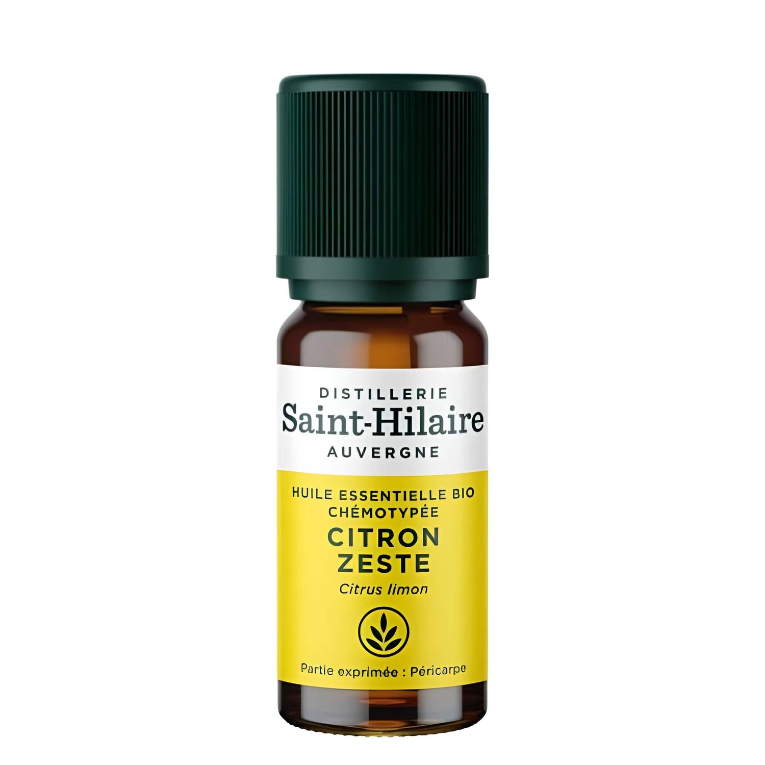 Un flacon de 10ml d'huile essentielle citron zeste de la distillerie Saint-Hilaire accompagné de citron en arrière plan.