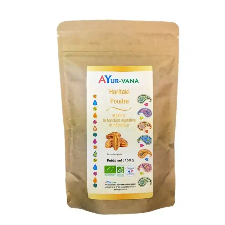 Un sachet de Haritaki bio en poudre Ayur vana de 150 grammes