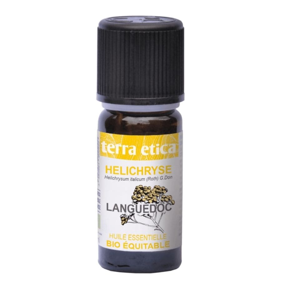 Un flacon de 5ml d'huile essentielle d'hélinchryse bio de la marque Terra etica