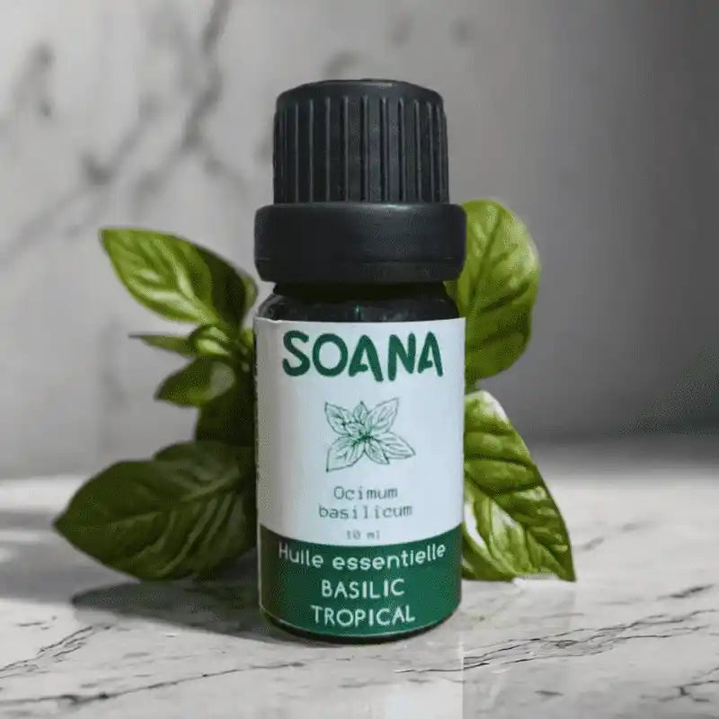 Flacon de 10 ml d'huile essentielle de Basilic tropical de la marque Soana 
