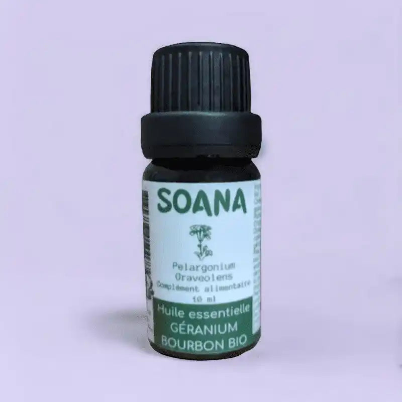 Flacon de 10 ml d'huile essentielle de Géranium Bourdon bio de la marque Soana 