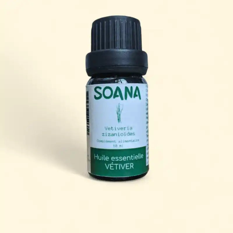 Flacon de 10 ml d'huile essentielle de Vétiver de la marque Soana