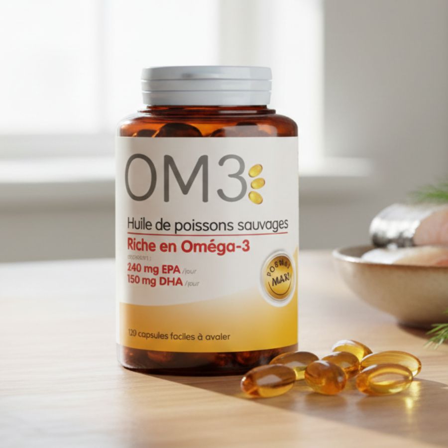 Huile de poisson riche en oméga 3 de 120 capsules.