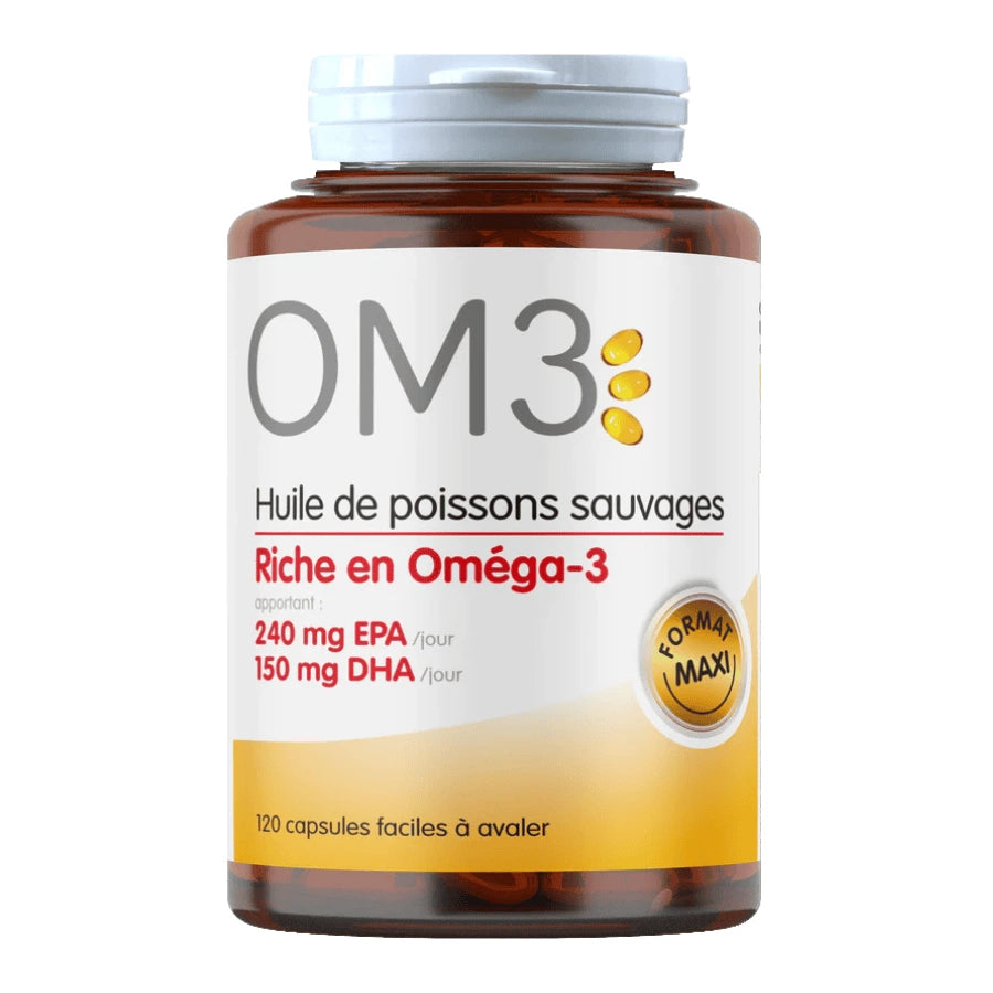 Huile de poisson riche en oméga 3 de 120 capsules.