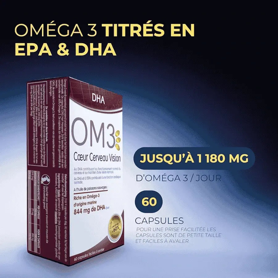 Huile de poisson 60 capsules de la marque superdiet sur fond bleu.