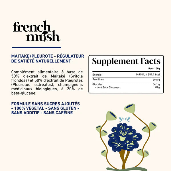 Les ingrédients du complément Duo Maïtaké + Pleurote de la marque French Mush