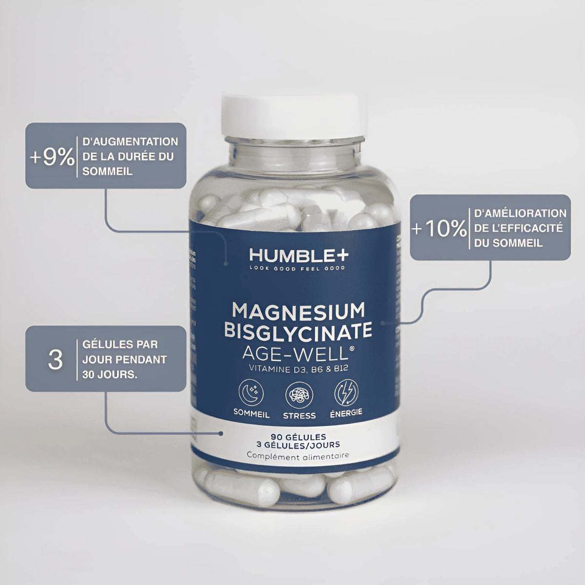 Avantage du Magnésium Bisglycinate de 90 gélules de la marque Humble +.