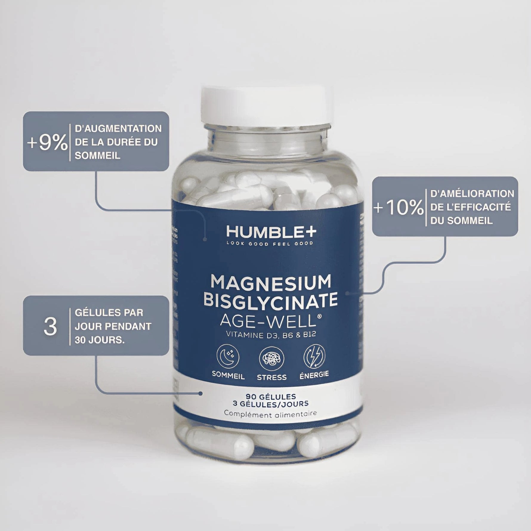 Avantage du Magnésium Bisglycinate de 90 gélules de la marque Humble +.
