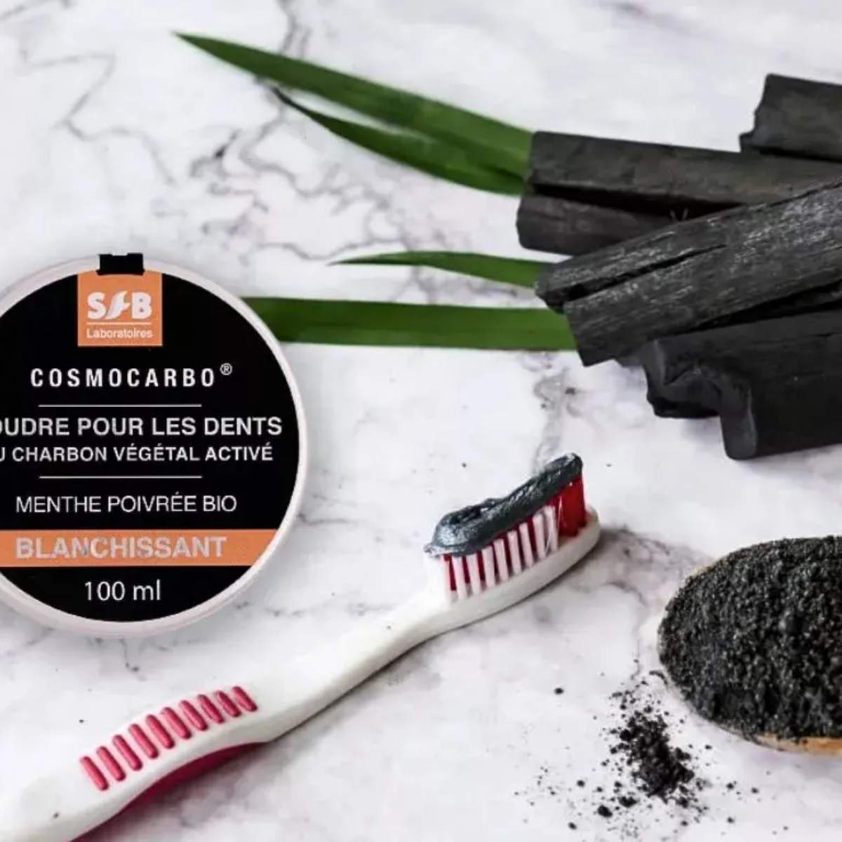 Poudre blanchissante SFB menthe poivrée 100ml avec feuilles menthe et brosse à dents posé sur du marbre blanc.