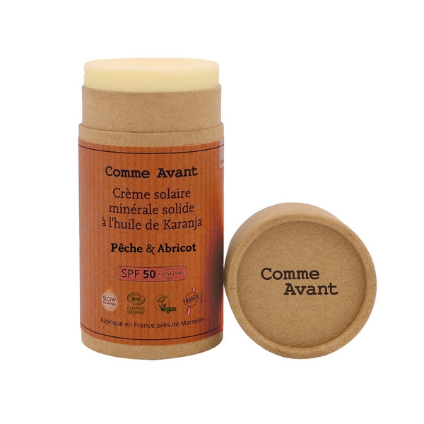 Crème solaire minérale solide SPF50 pêche et abricot