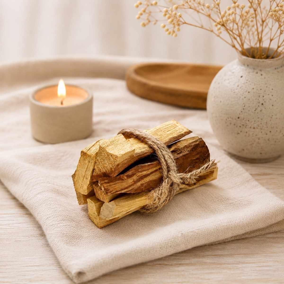 Un fagot de palo santo posé sur un linge dans une ambiance cocooning