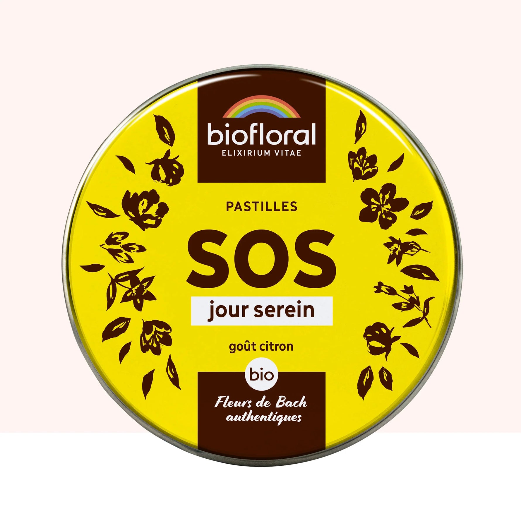 Une boite de 50 grammes de Pastilles aux Fleurs de Bach SOS Jour Serein de la marque Biofloral
