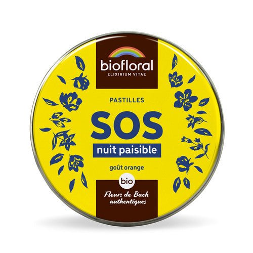 Une boite de 50 grammes de pastilles de Secours SOS Nuit Paisible aux Fleurs de Bach de Biofloral
