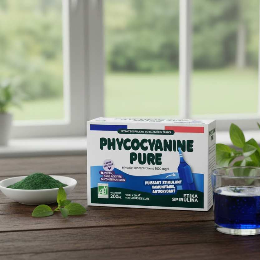 Une boite de phycocyanine pure de la marque Erika Spirulina en format ampoules posé sur une table en bois avec un verre de spiruline.