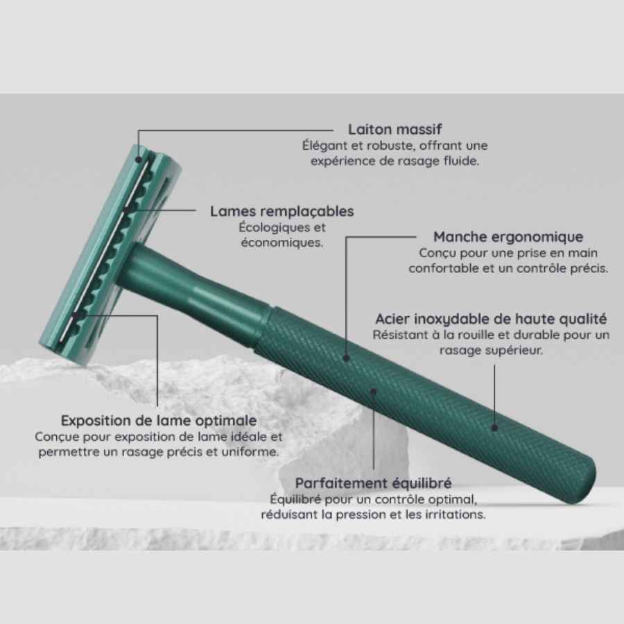 Présentation technique du  Rasoir de sûreté en métal avec socle couleur vert émeraude de la marque Bambaw