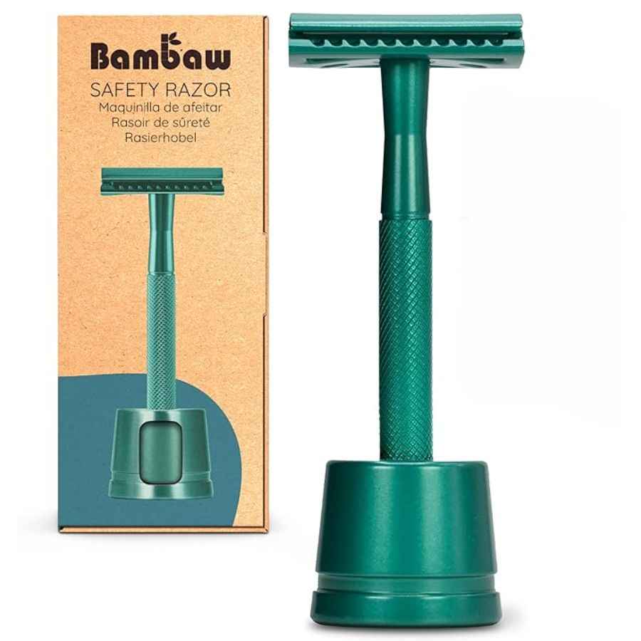 Un Rasoir de sûreté en métal avec socle couleur vert émeraude de la marque Bambaw