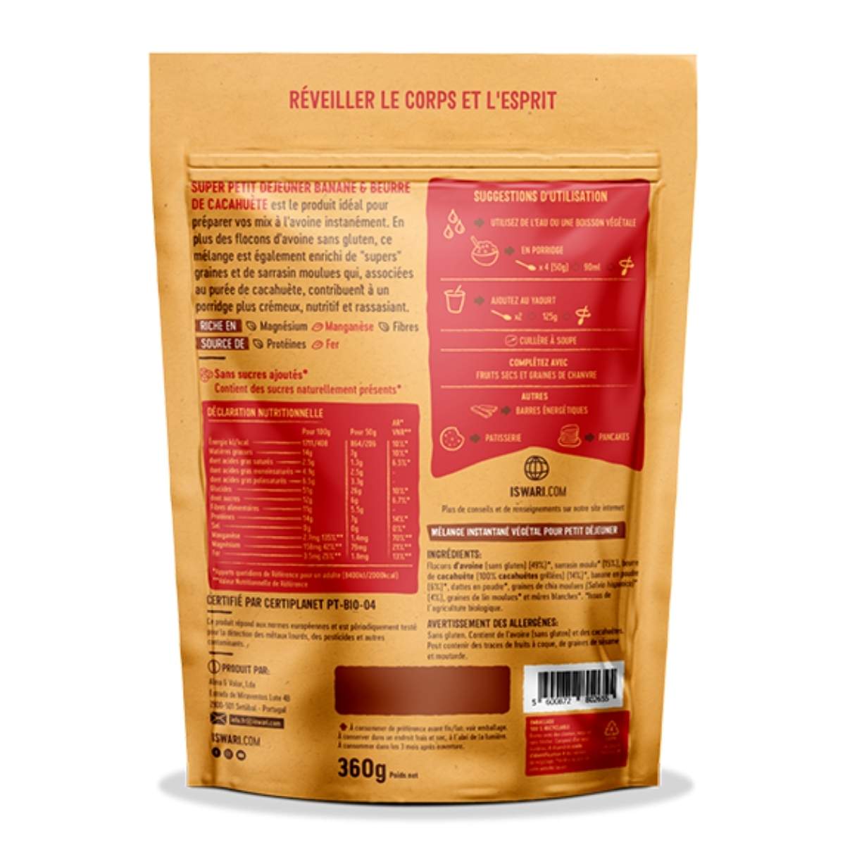 Paquet de 360g de super petit déjeuner banane et beurre de cacahuète vu de dos.