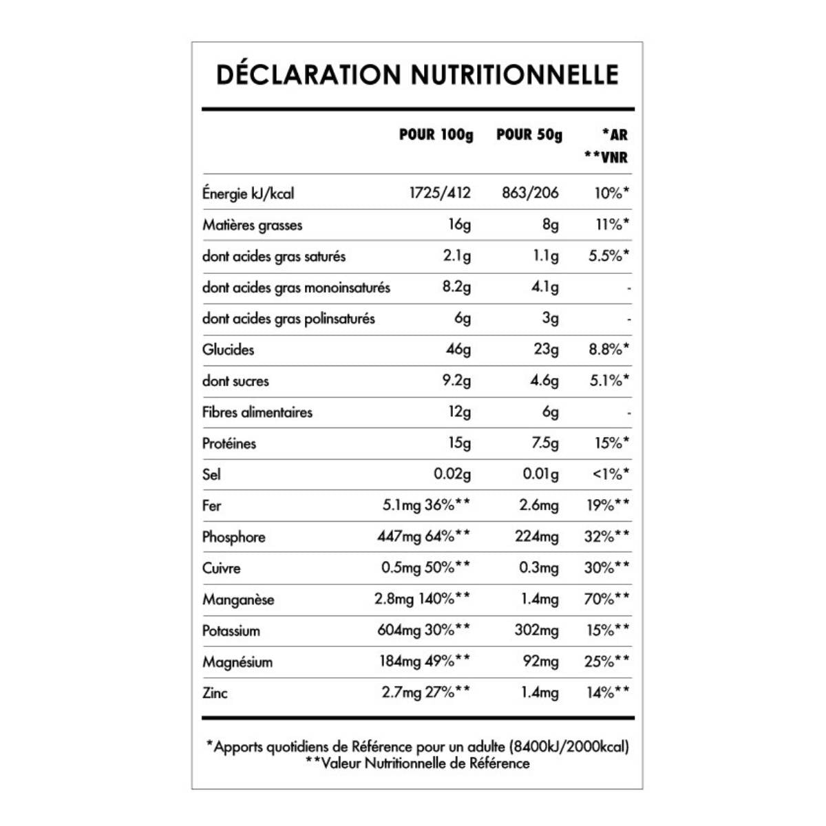 Les valeurs nutritionnelles Iswari Super Petit Déjeuner Maca Cannelle Purée Amandes 360g.