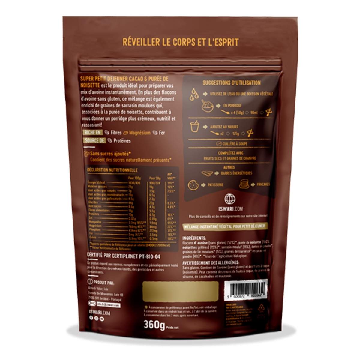Iswari Super Petit Déjeuner Cacao Purée Noisettes 360g vu de dos sur fond blanc.