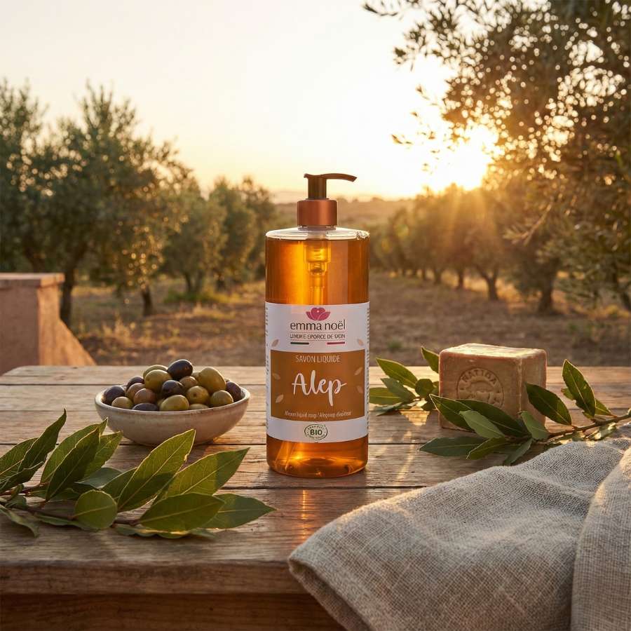 Un savon liquide d'alep de 1L dans un décor méditéranéen avec des vignes en arrière plan.