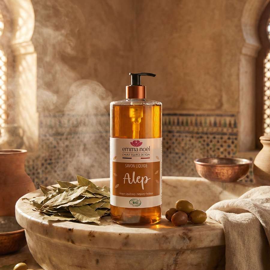 Une bouteille de savon d'alep liquide de la marque Emma Noël posée dans un hamam