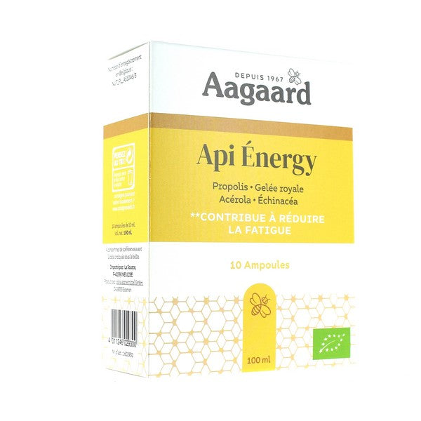 Une boite de 10 ampoules d'Api Energy de la marque Aagaard, vue de biais