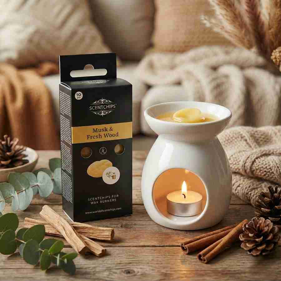 Cire parfumé entrain de bruler dans un bruleur de cire et posé sur une table en bois.