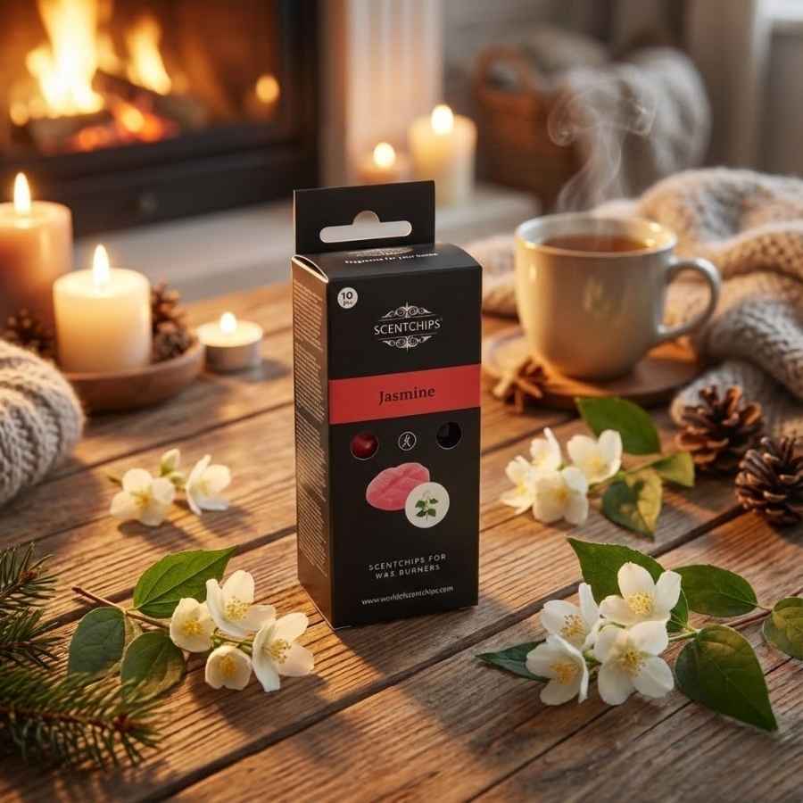 Le packaging de jasmin de scentships posé sur une table en bois dans un décor chaleureux posé sur une table en bois.