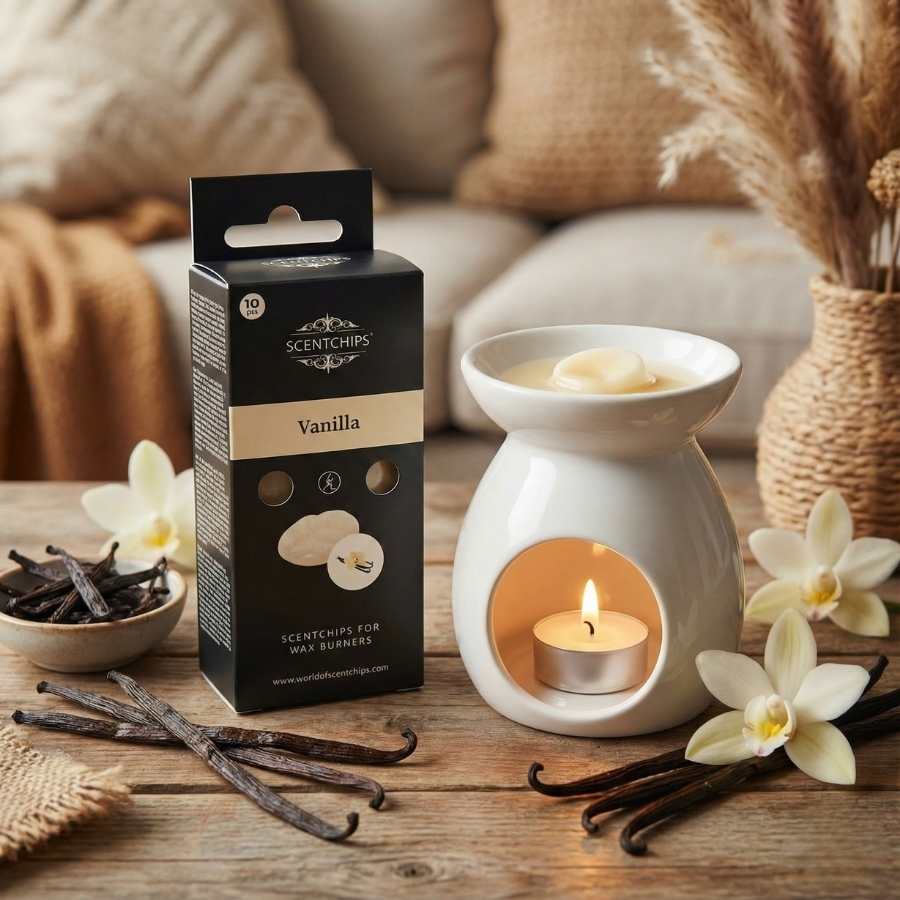 Cire parfumé à la vanille entrain de bruler dans u bruleur scentships et posé sur une table en bois. Des gousses de vanille sont également présentes.