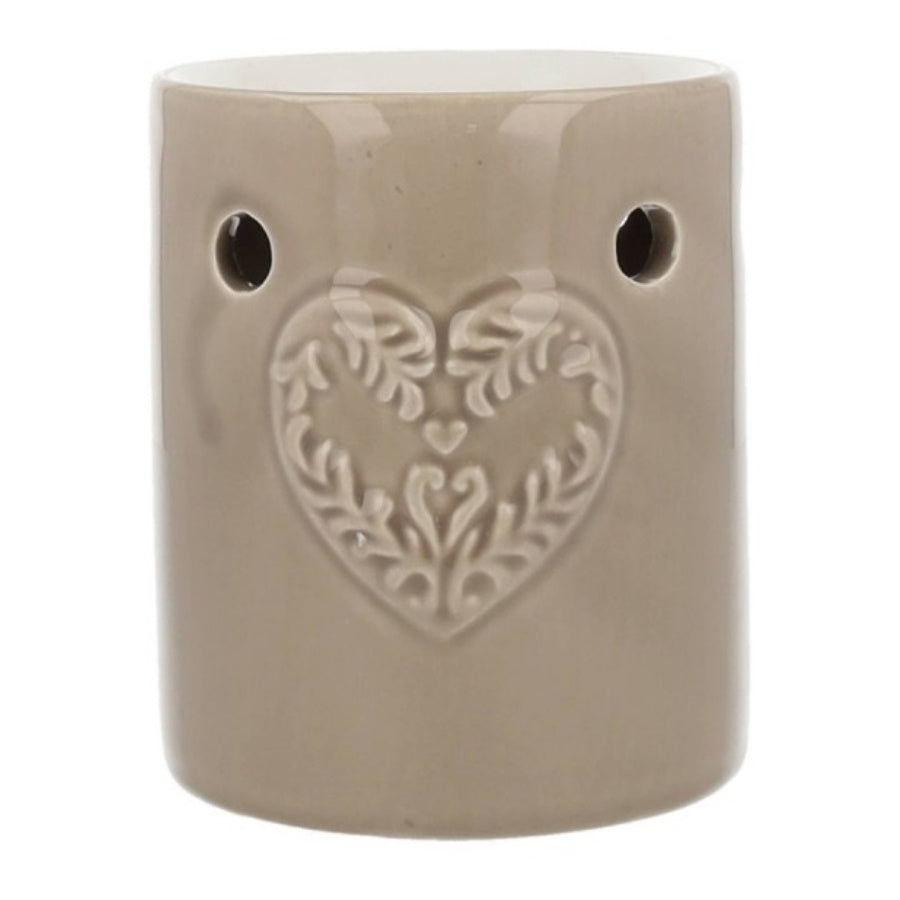 Bruleur pour fondant parfumé taupe coeur sur fond blanc.