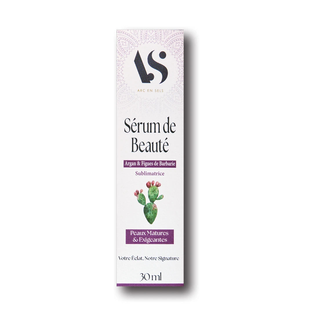 L'emballage carton du sérum de beauté à l'argan et figue de barbarie de la marque Arc en Sels
