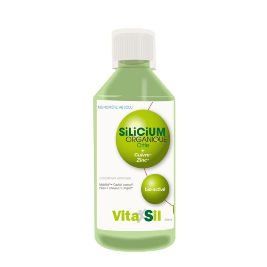 Silicium organique Vitasil, flacon de 500 ml, complément liquide pour le confort articulaire et la santé de la peau, des cheveux et des ongles.