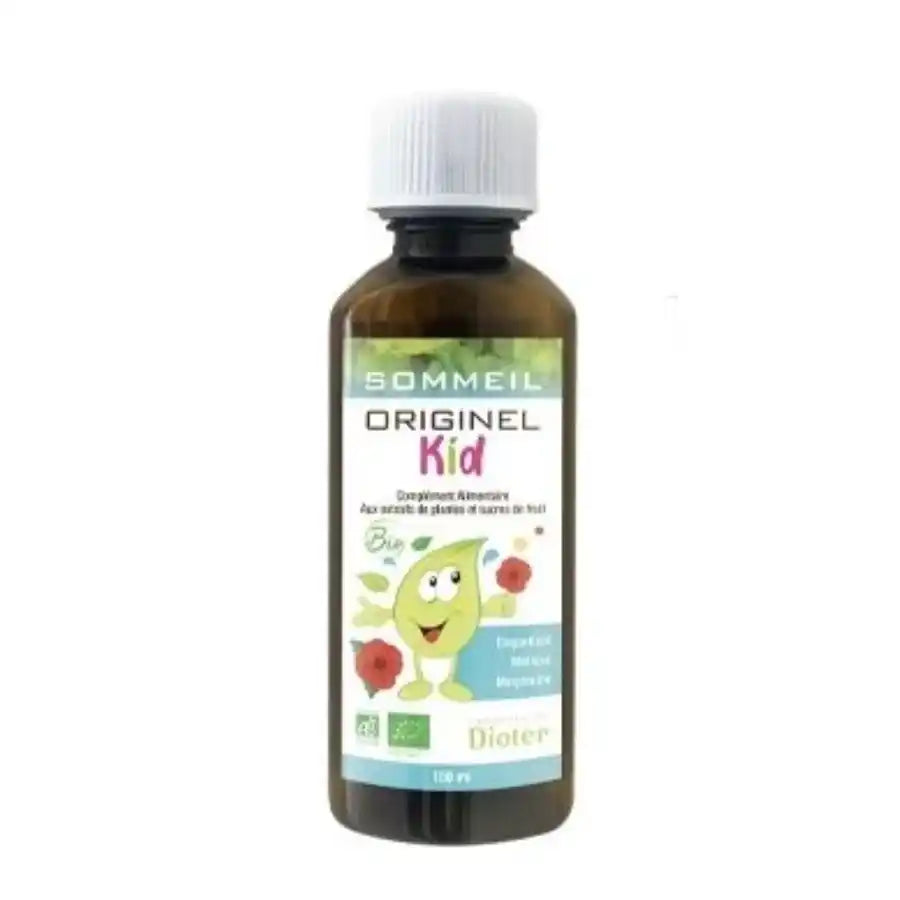 Un flacon de Sirop Sommeil Bio 150 ml Originel Kid Dioter, une aide naturelle pour favoriser l’endormissement et un sommeil paisible chez l’enfant.