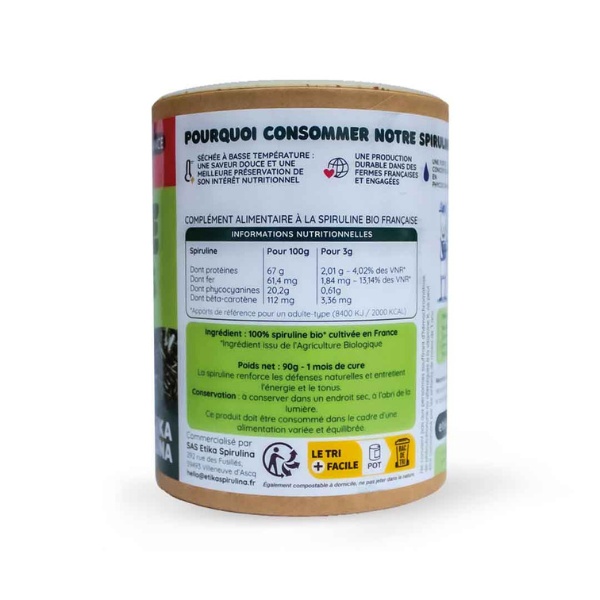 Le verso d'une boite de Spiruline bio en paillettes (origine France) de 90 g de la marque Etika Spirulina