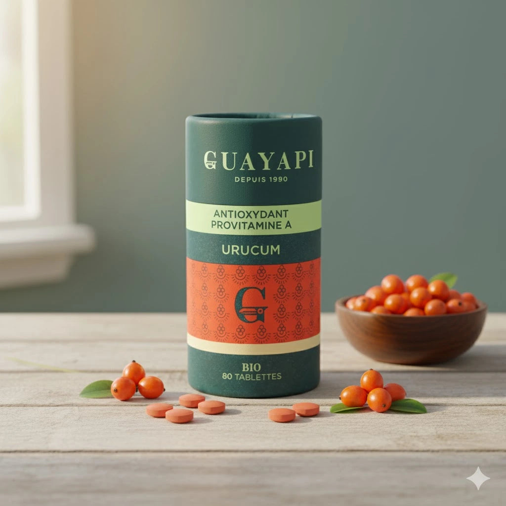 Flacon Urucum vert foncé et orange-rouge, entouré de fruits d'Urucum et de tablettes sur une table en bois.