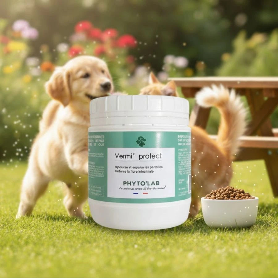 Pot de Vermi' protect  avec un fond symbolisant la vitalité animale.