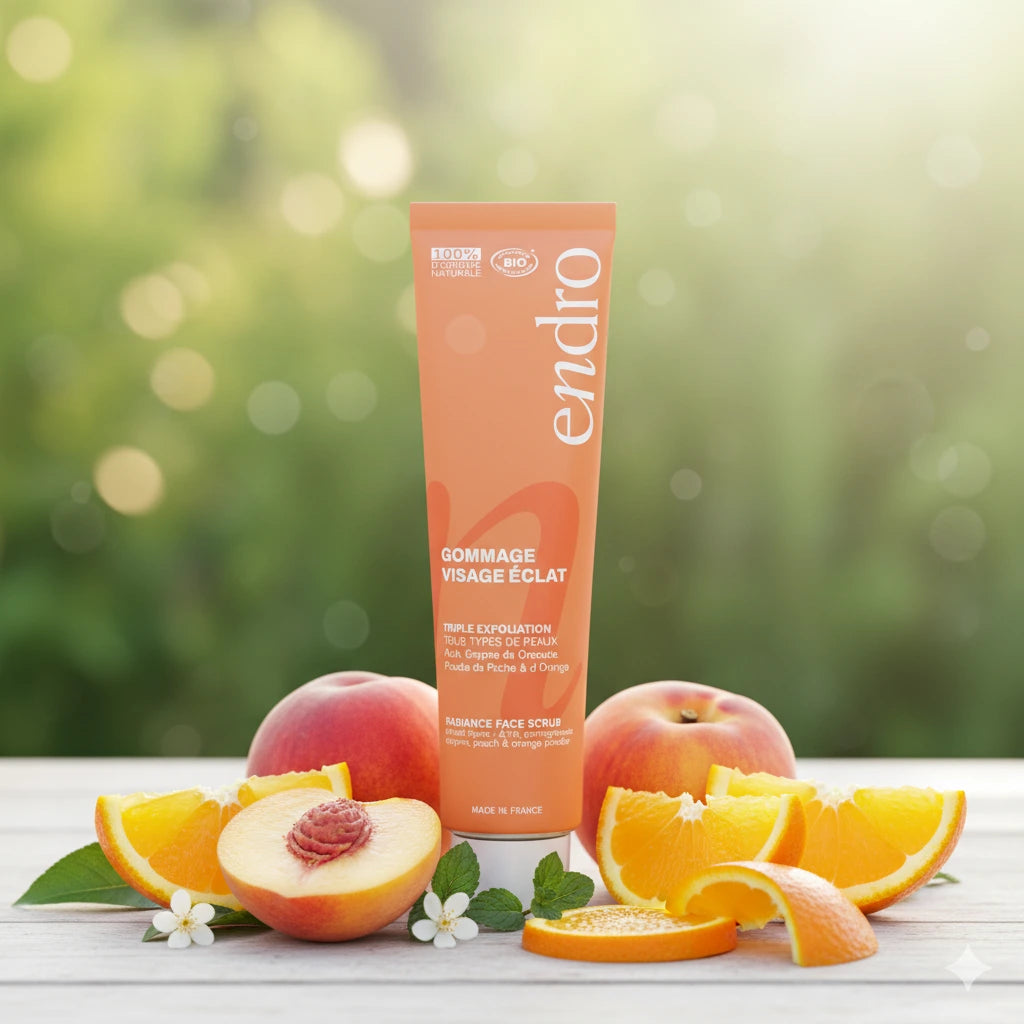 Le gommage visage éclat Endro est posé sur une surface en bois clair, entouré de tranches d'orange, de pêches coupées et de petites feuilles vertes.