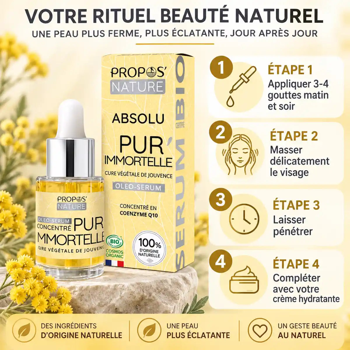 Absolu Pur'Immortelle bio 30ml Propos'Nature - Guide d'utilisation avec flacon et packaging
