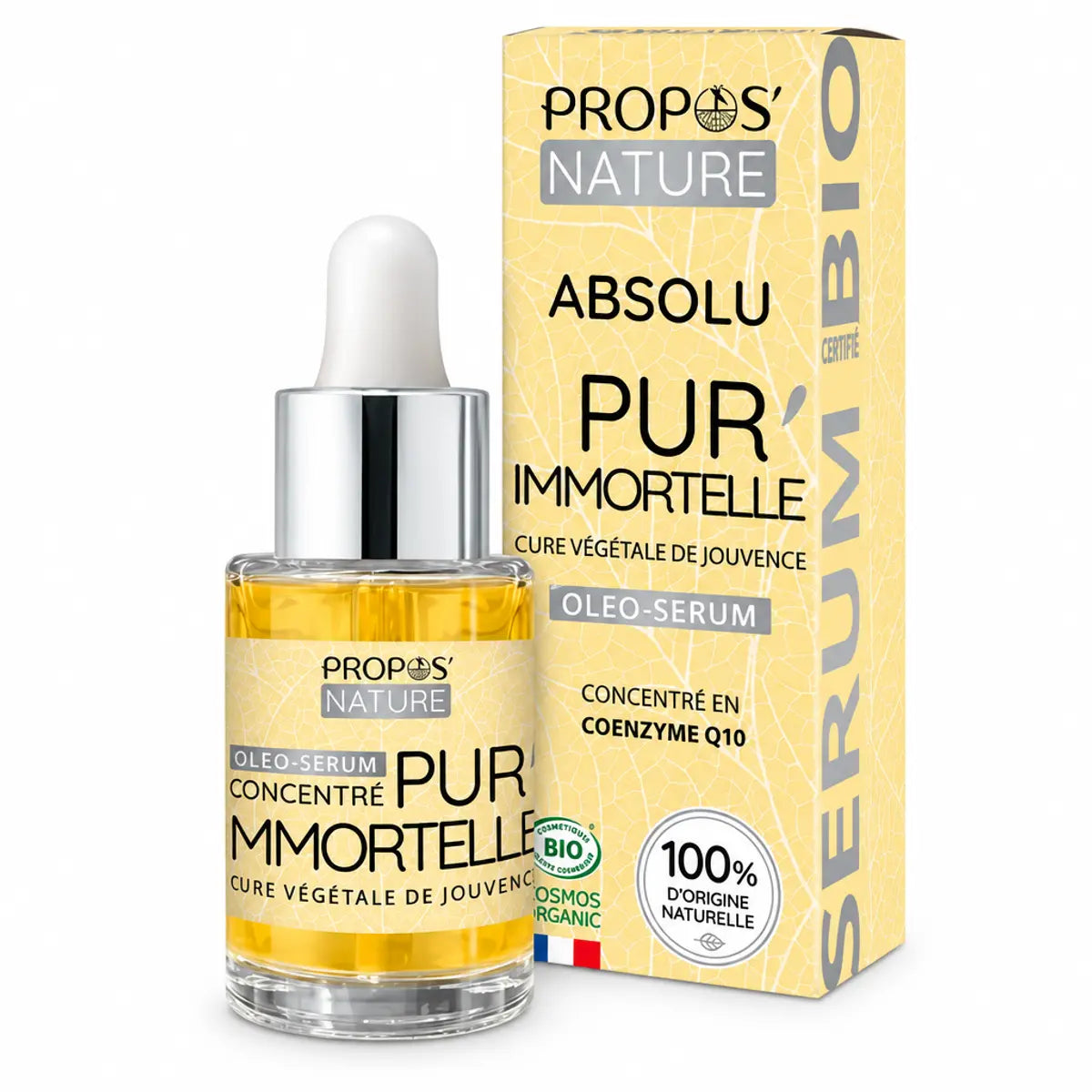 Absolu Pur'Immortelle bio 30ml Propos'Nature - Flacon sérum certifié COSMOS sur fond blanc