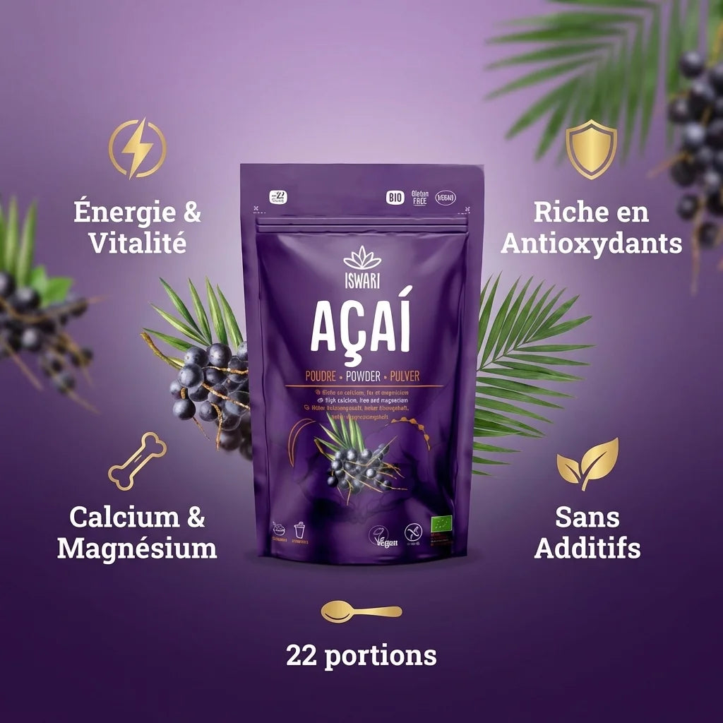 Iswari Açaï en poudre bio 70g avec bénéfices santé: énergie, antioxydants, calcium, magnésium