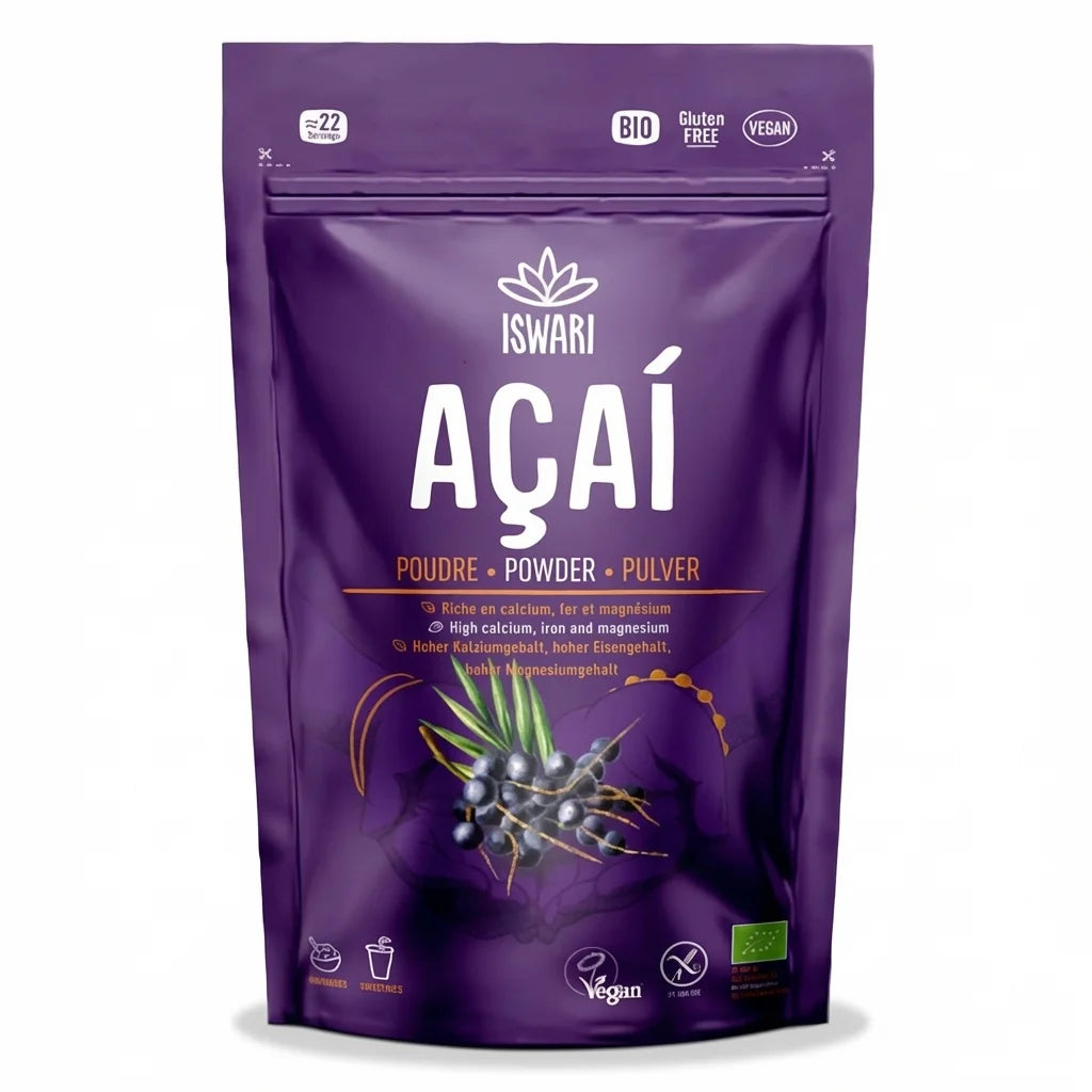 Iswari Açaï en poudre bio 70g, sachet violet avec certifications Bio et Vegan
