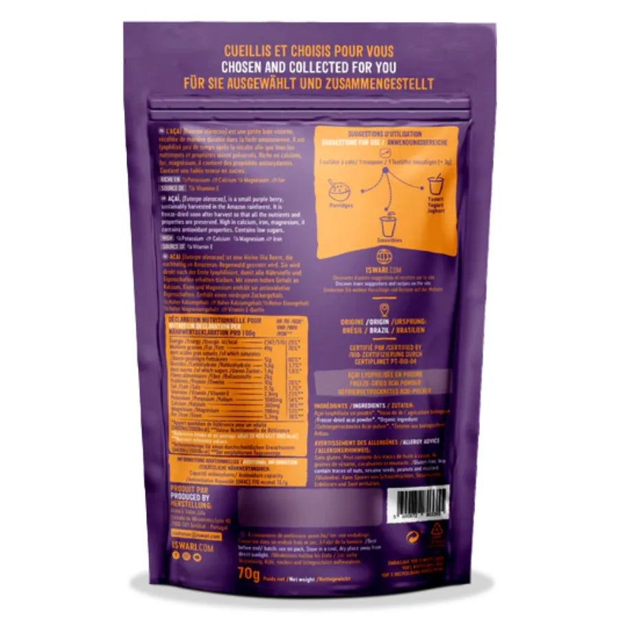 Le dos d'un sachet dAçaï en poudre bio (origine Brésil) de 70 g de la marque Iswari