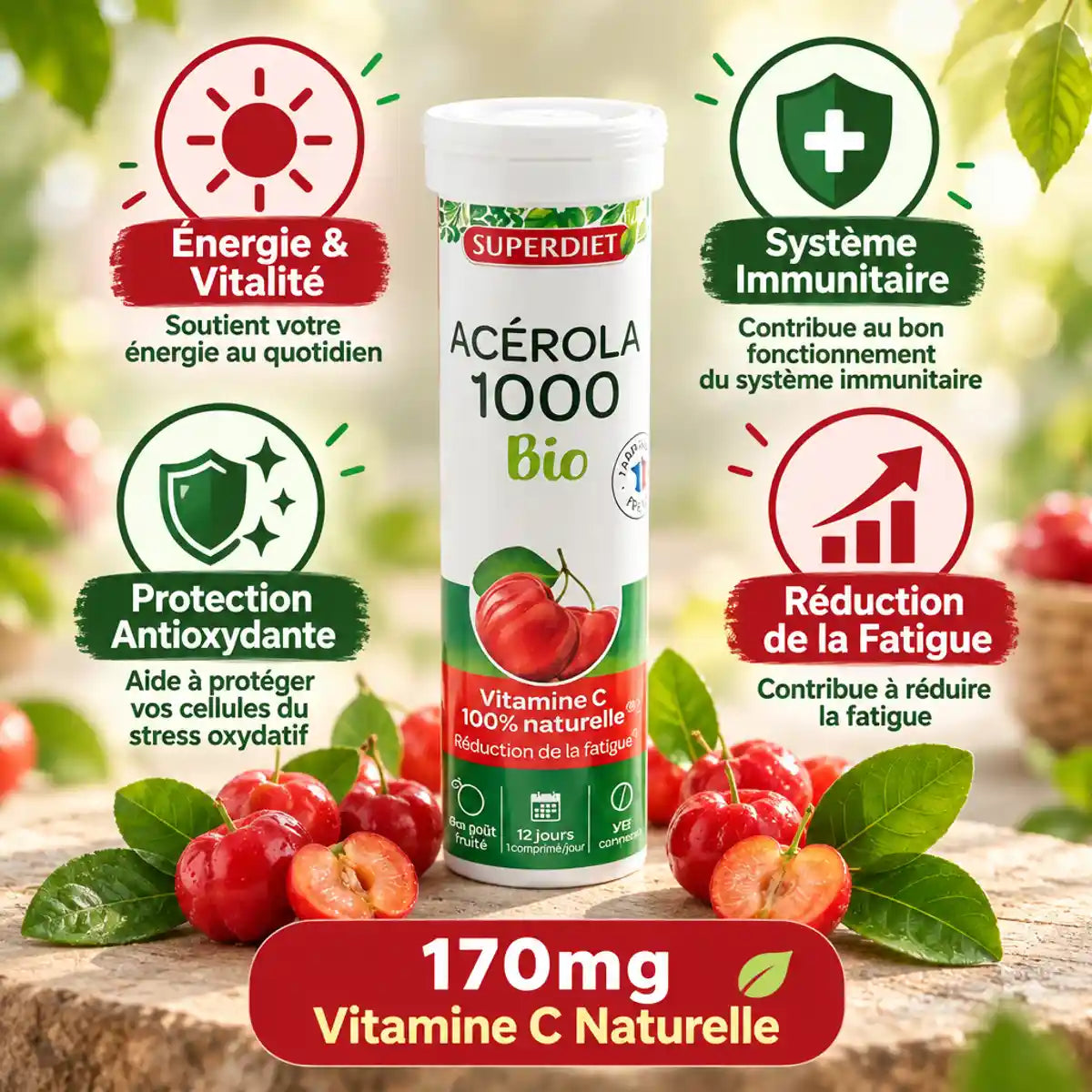 Acérola 1000 Bio Superdiet - Complément vitamine C naturelle avec bénéfices immunité et énergie