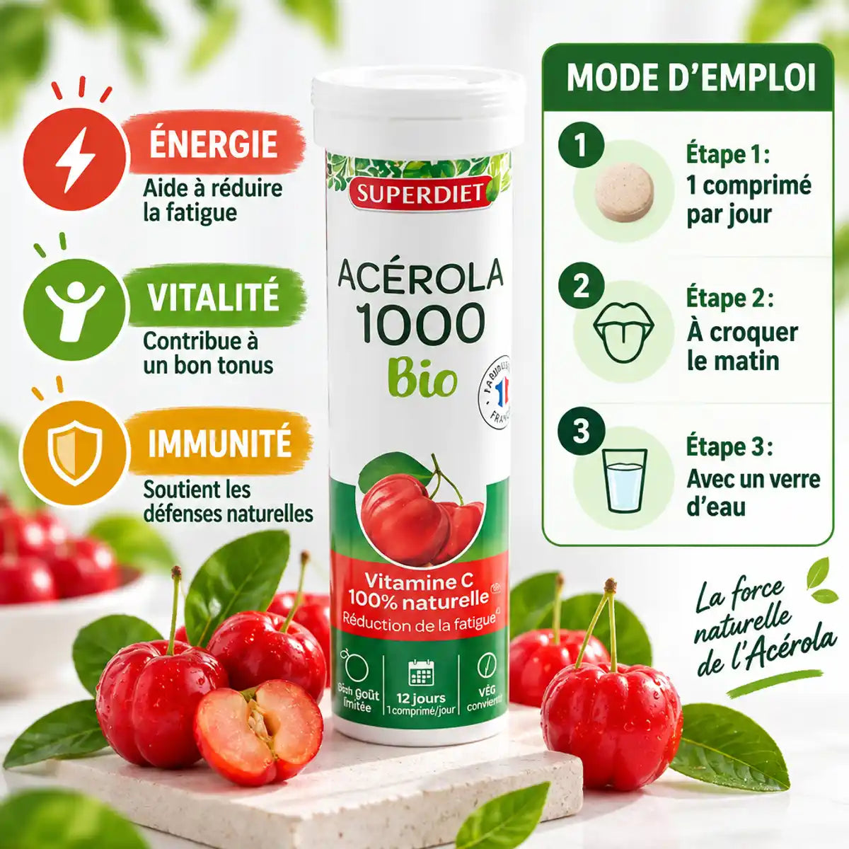 Acérola 1000 Bio Superdiet 24 comprimés avec mode d'emploi et bénéfices énergie vitalité immunité