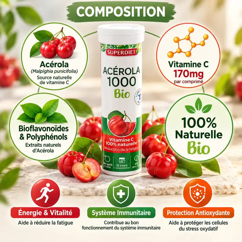 Acérola 1000 Bio Superdiet - Complément vitamine C naturelle pour immunité et vitalité