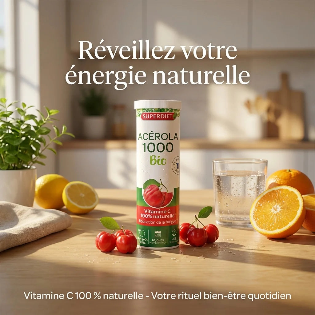Acérola 1000 Bio Superdiet - complément vitamine C naturelle sur bureau bien-être