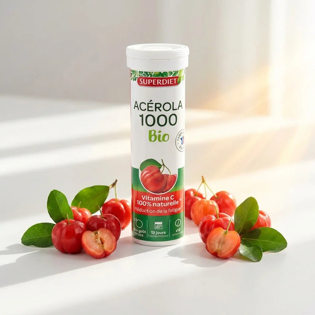 Acérola 1000 Bio Superdiet avec baies d'acérola fraîches sur fond blanc minimaliste
